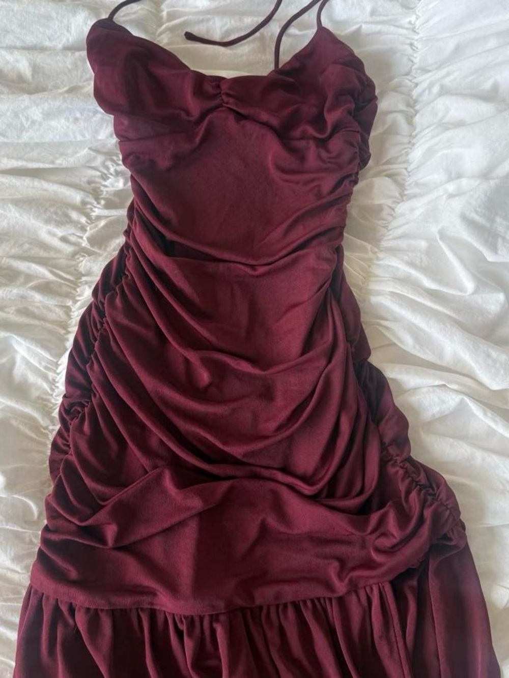 White Fox Boutique Burgundy Ruched Spaghetti Strap Maxi Dress